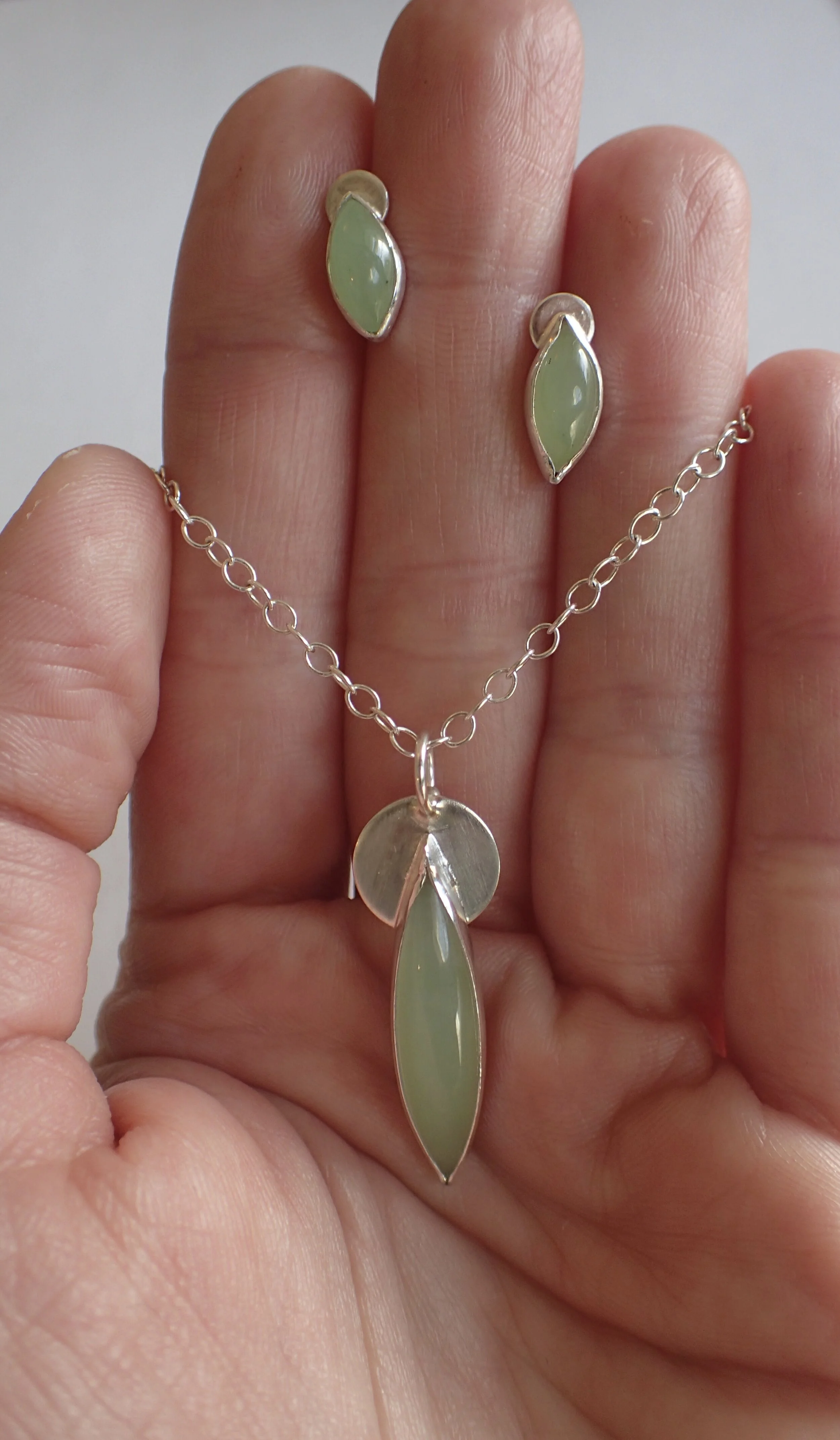 Siberian Jade and Sterling Silver Pendant and Post Earrings