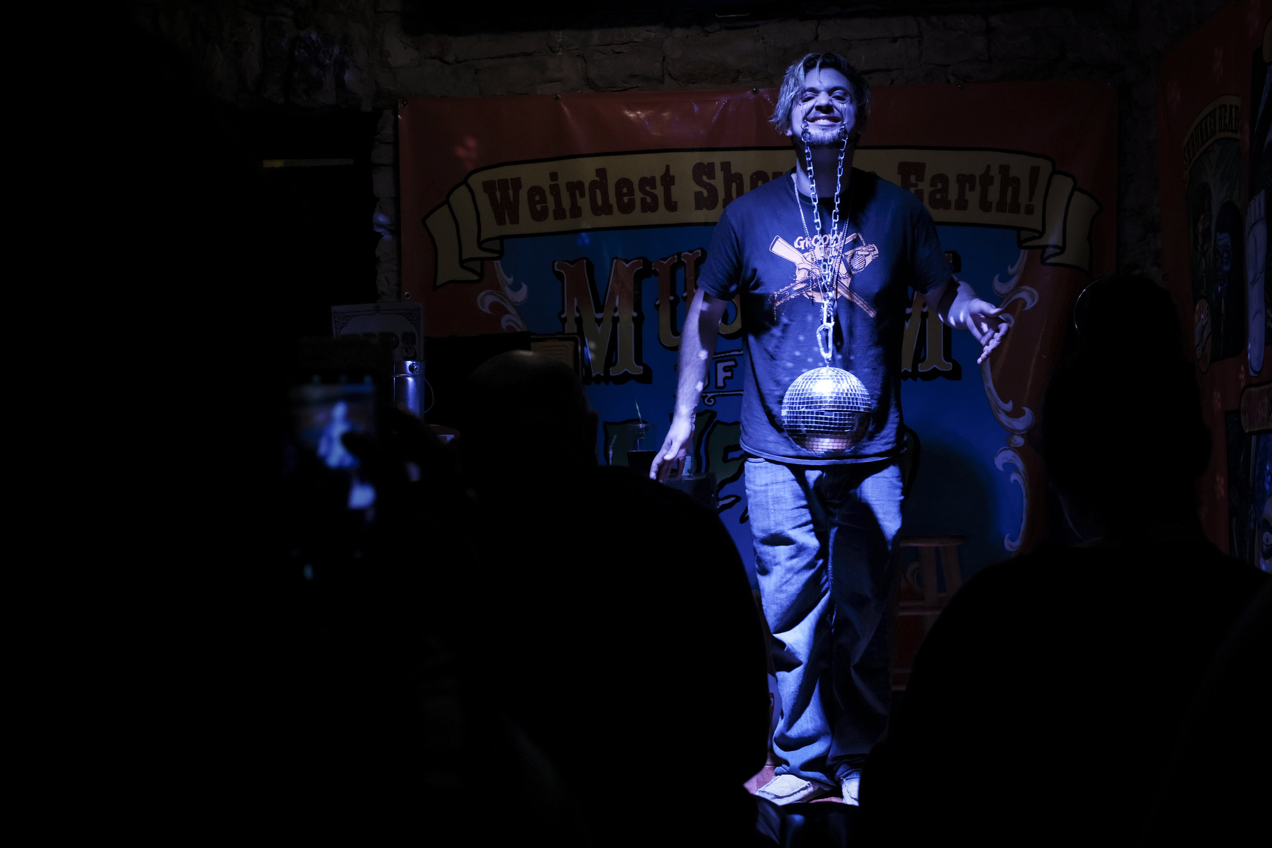 A disco ball hanging from eyelids. Keep Austin weird?