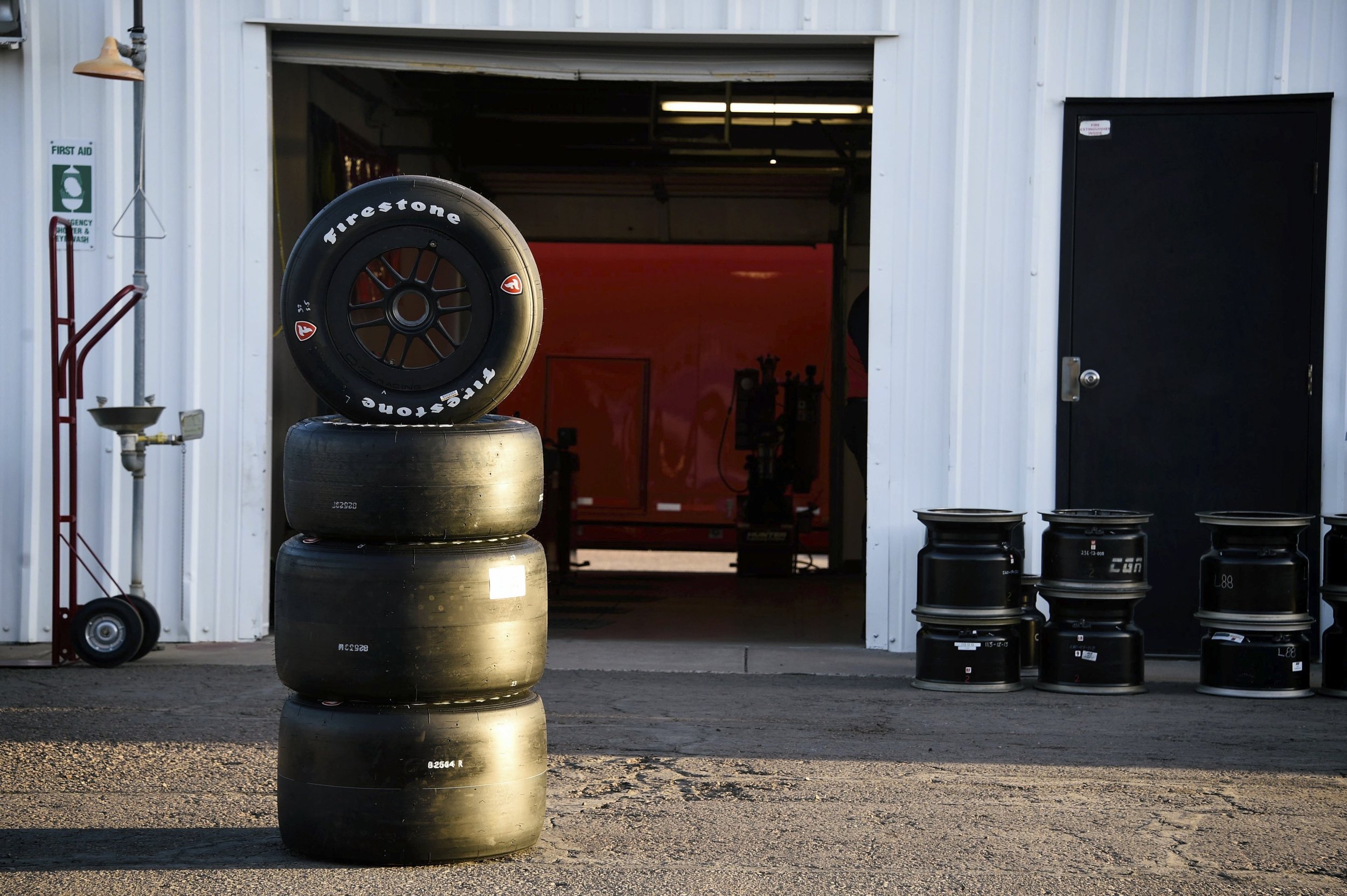  Evening light shines on a set of Firestone tires before evening practice at Phoenix 