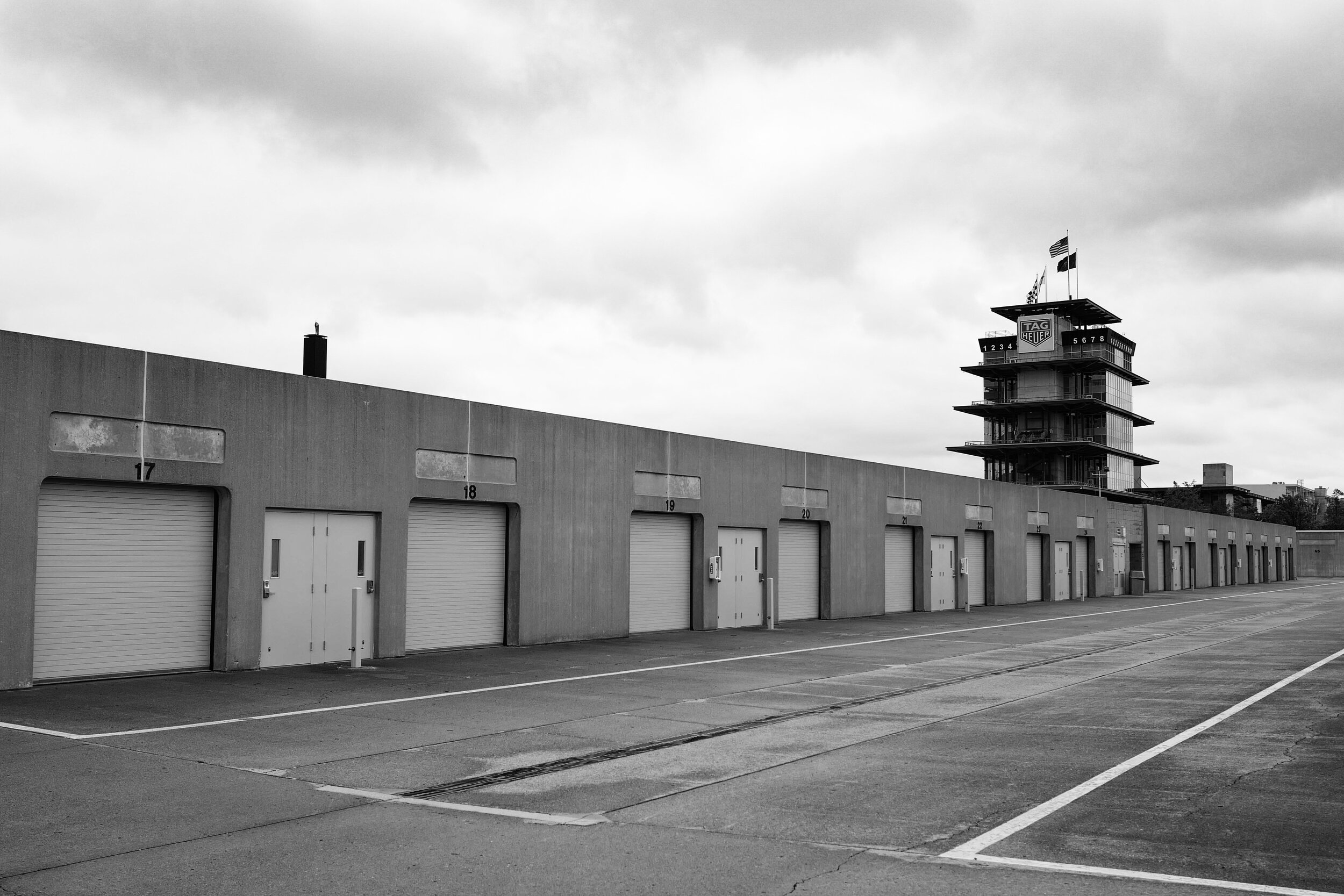 Empty garage area on Indianapolis 500 race day, 2020.