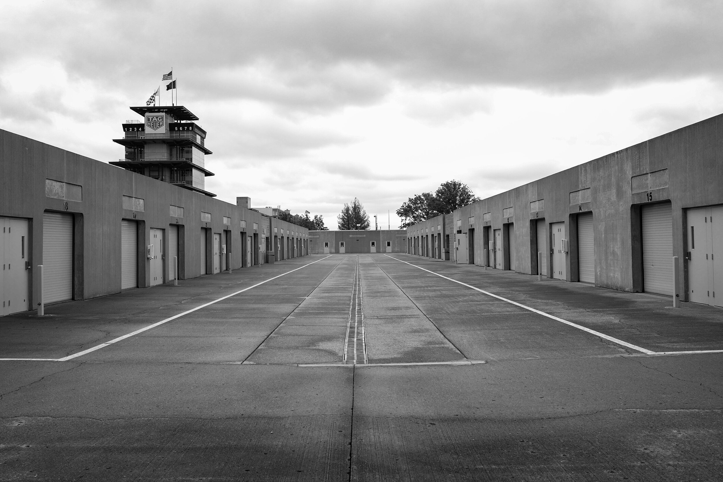 Empty garage area on Indianapolis 500 race day, 2020.