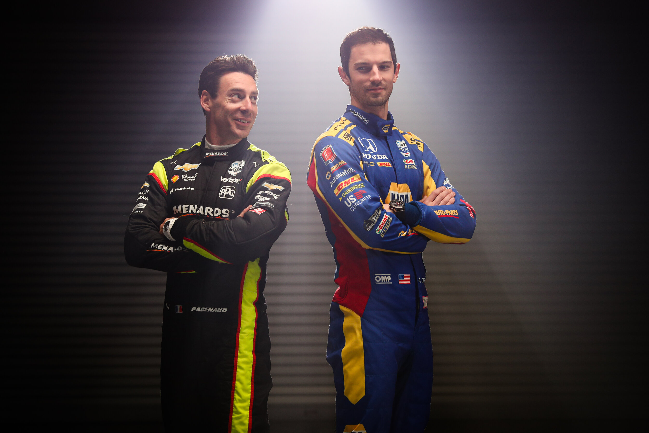 Simon Pagenaud and Alexander Rossi during filming prior to the 2020 Indianapolis 500. 