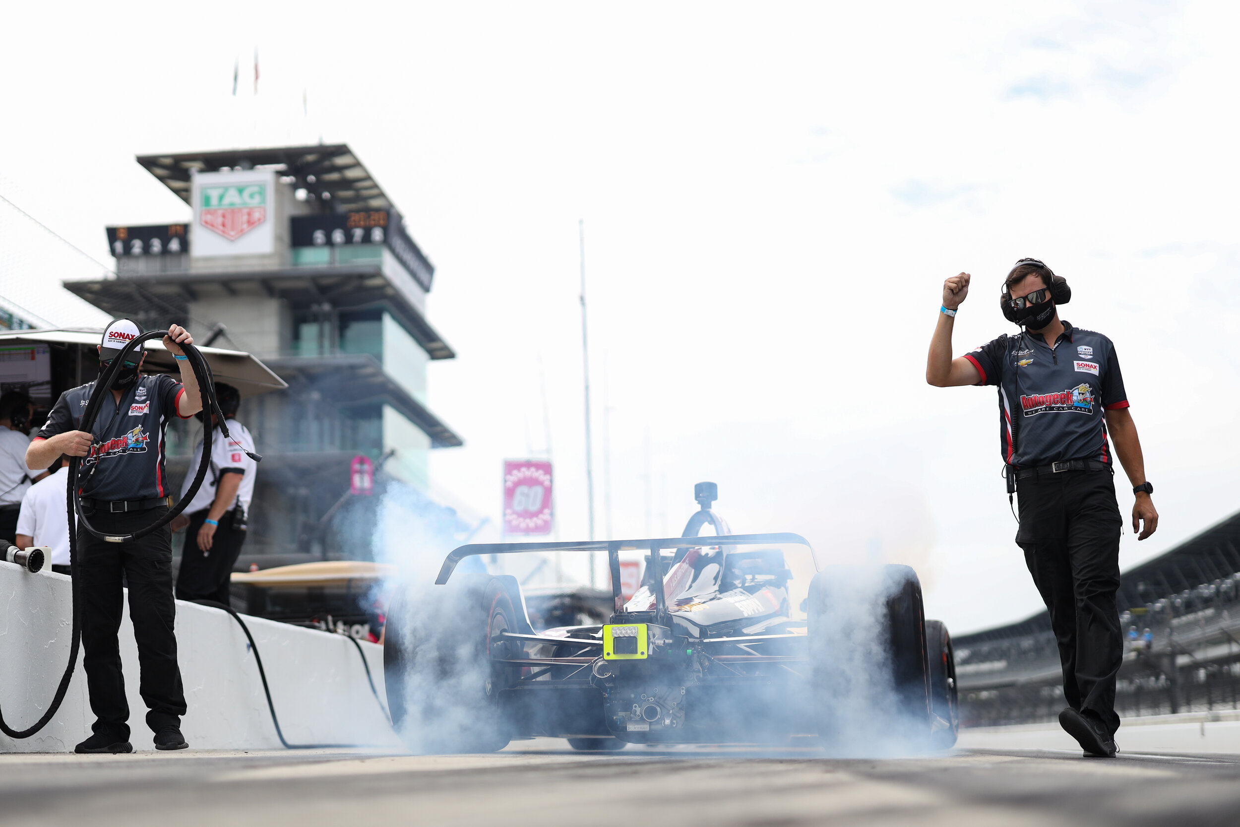  Jeff Frederick sends driver Rinus Vekay out for more laps of practice at Indianapolis Motor Speedway. 