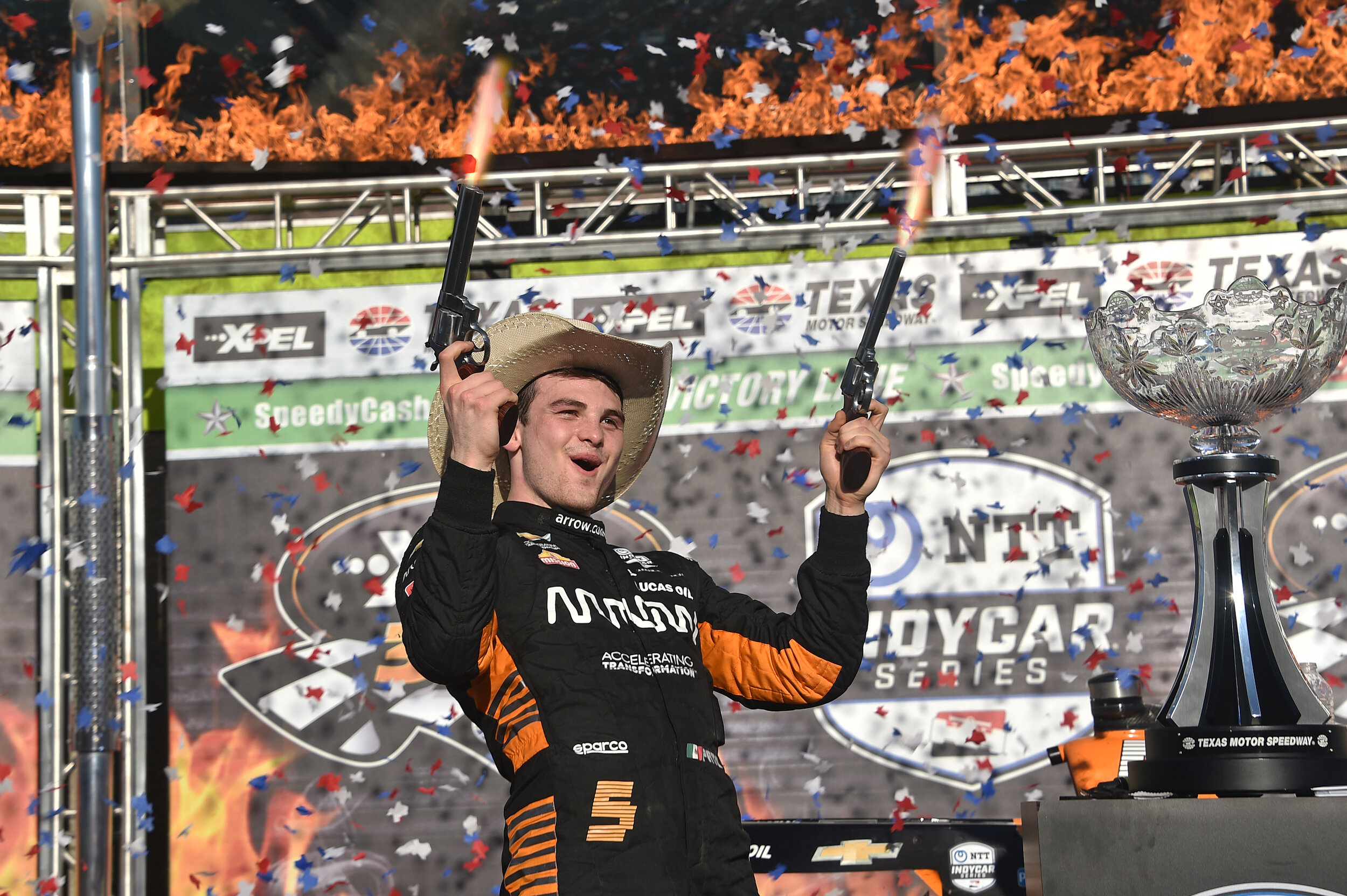  Pato O'Ward shoots out the lights after his Sunday win at Texas Motor Speedway. 
