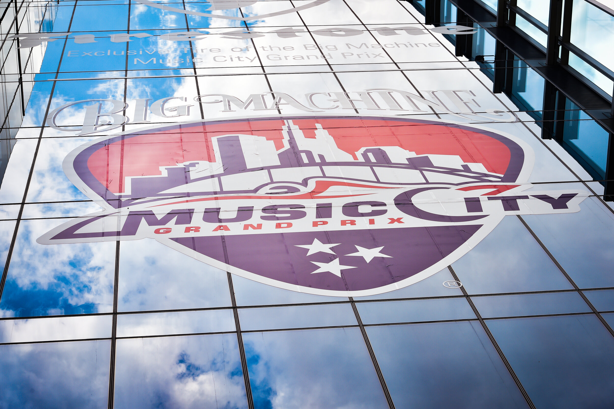Music City GP graphic displayed on the Bridgestone Building, Downtown Nashville. 