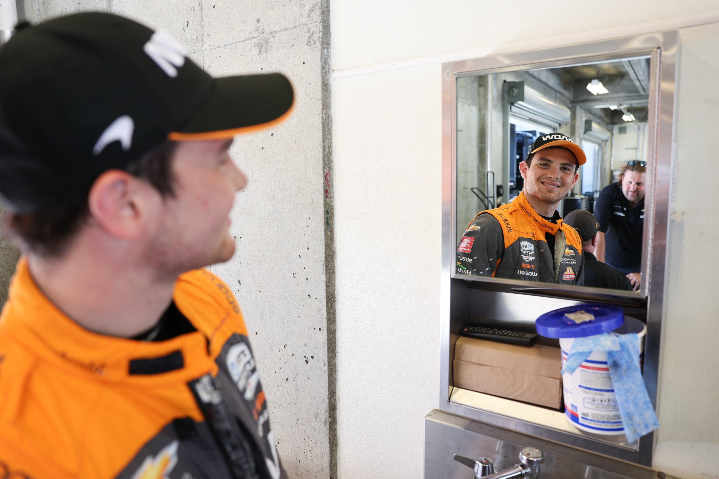 Pato O'Ward reflects during testing at Indianapolis Motor Speedway. 