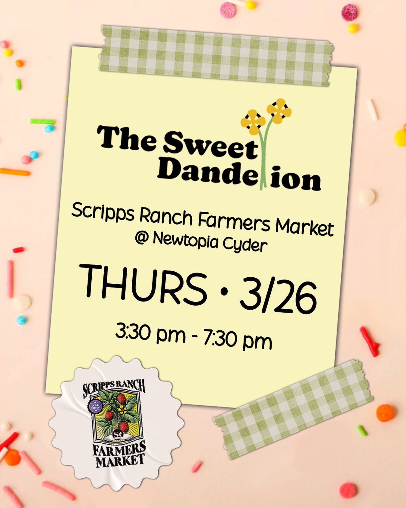 The Sweet Dandelion will be at the @srfarmersmarket this Thursday, March 26th! Open from 3:30pm to 7:30pm. Hope to see you there!

#srfarmersmarket #sandiegofarmersmarket