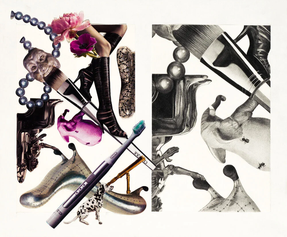 Collage of Magazine Clippings and Zoomed Pencil Drawing 17 x 14”