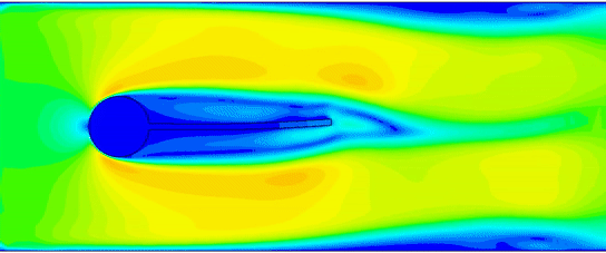 Movie of the velocity magnitude field in the fluid and the von Mises stresses in the structure as function of time