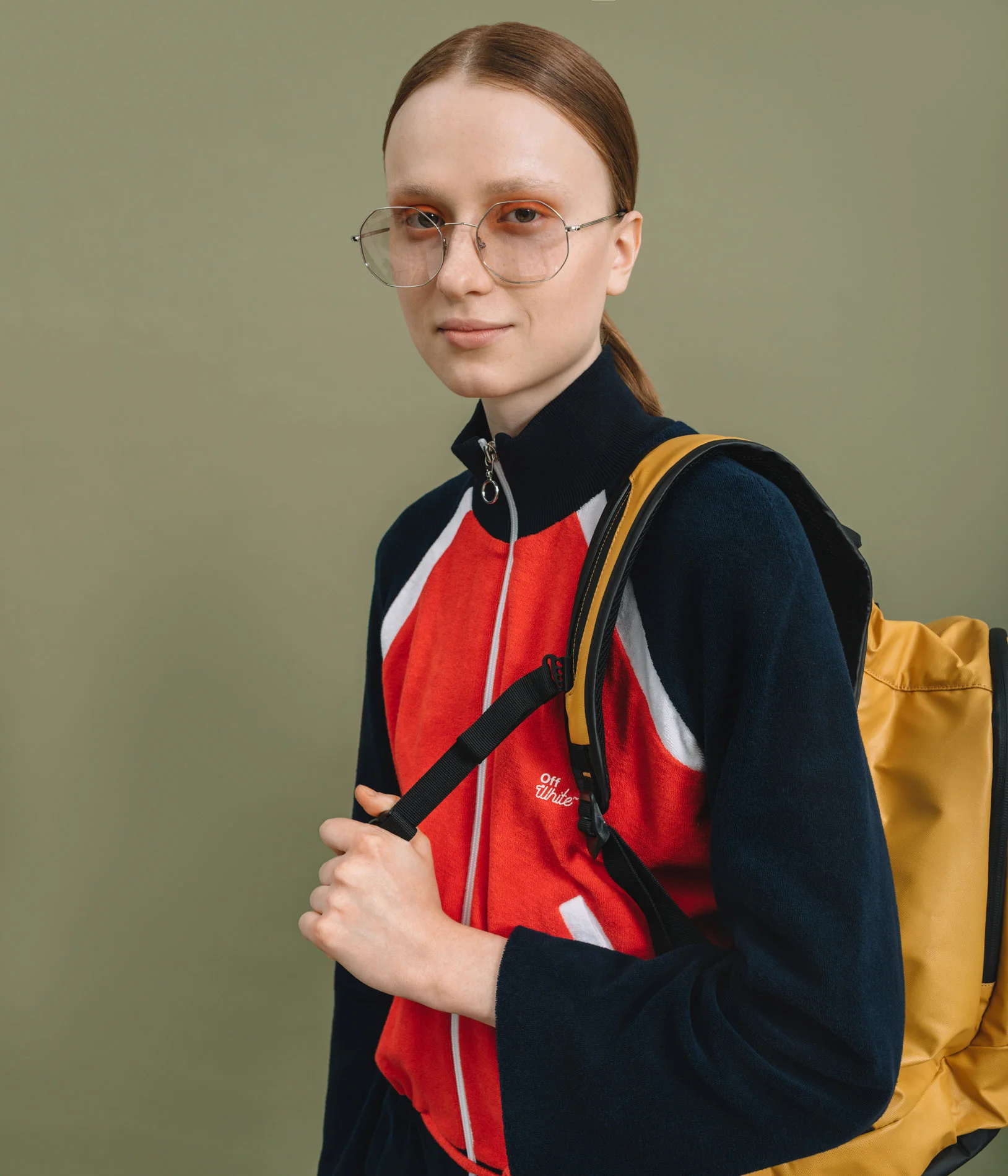 Jumpsuit Off-White, Glasses Andy Wolf, Backpack Samsonite