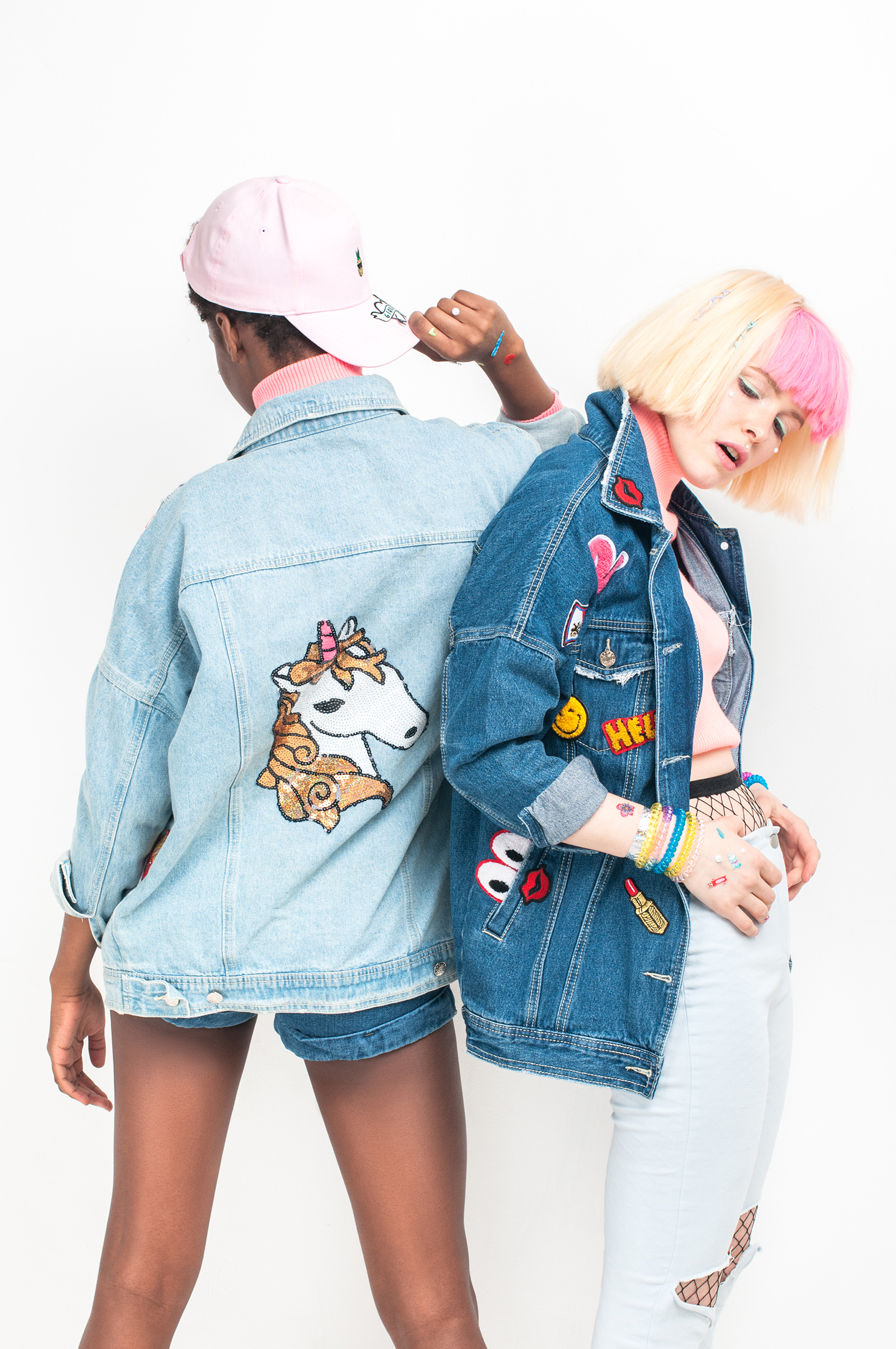From left to right: Denim jacket: #LenaGolova Sweater: #LenaGolova Denim shorts: #LenaGolova Baseball cap: #LenaGolova Denim jacket: #LenaGolova Sweater: #LenaGolova Jeans: Monki Tights: Calzedonia