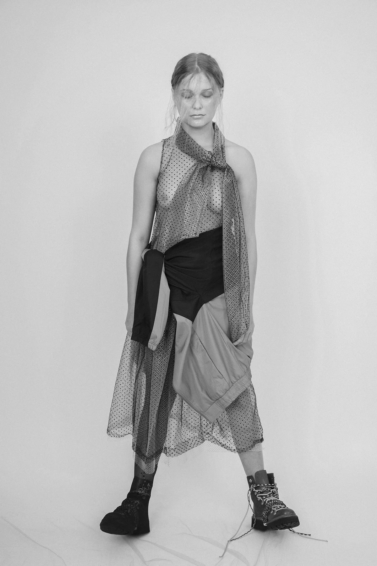 Dress by MANKHASEO Track top by Sergio Tacchini Tights by TABIO Boots by HOUSE OF HOLLAND X GRENSON