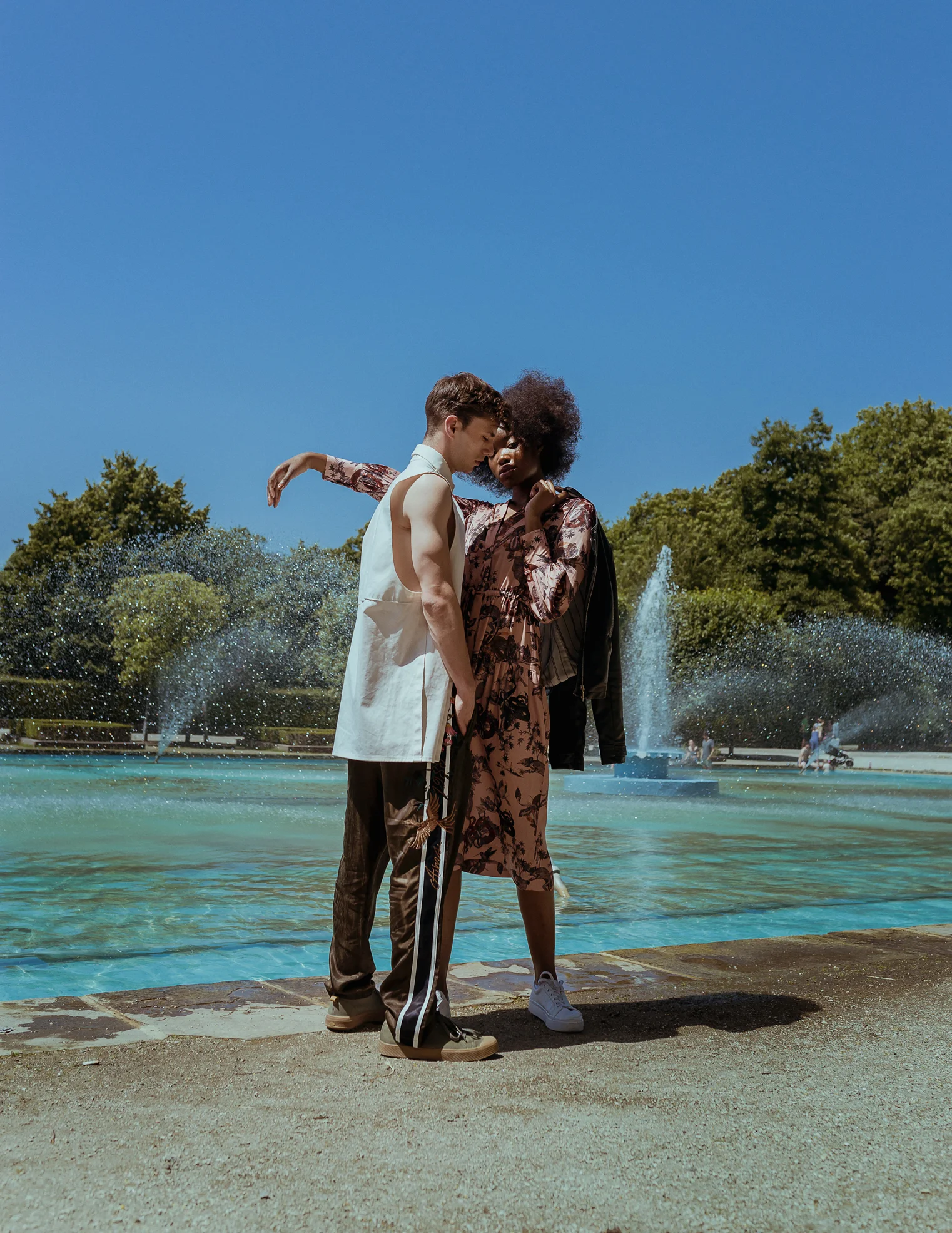 Alex // White shirt - Mayya Agayeva Gloss Brown Trousers - Scotch and Soda Shoes - Palladium Anesu \\- Pink exotic animal print dress - Scotch and Soda Leather Jacket - Models