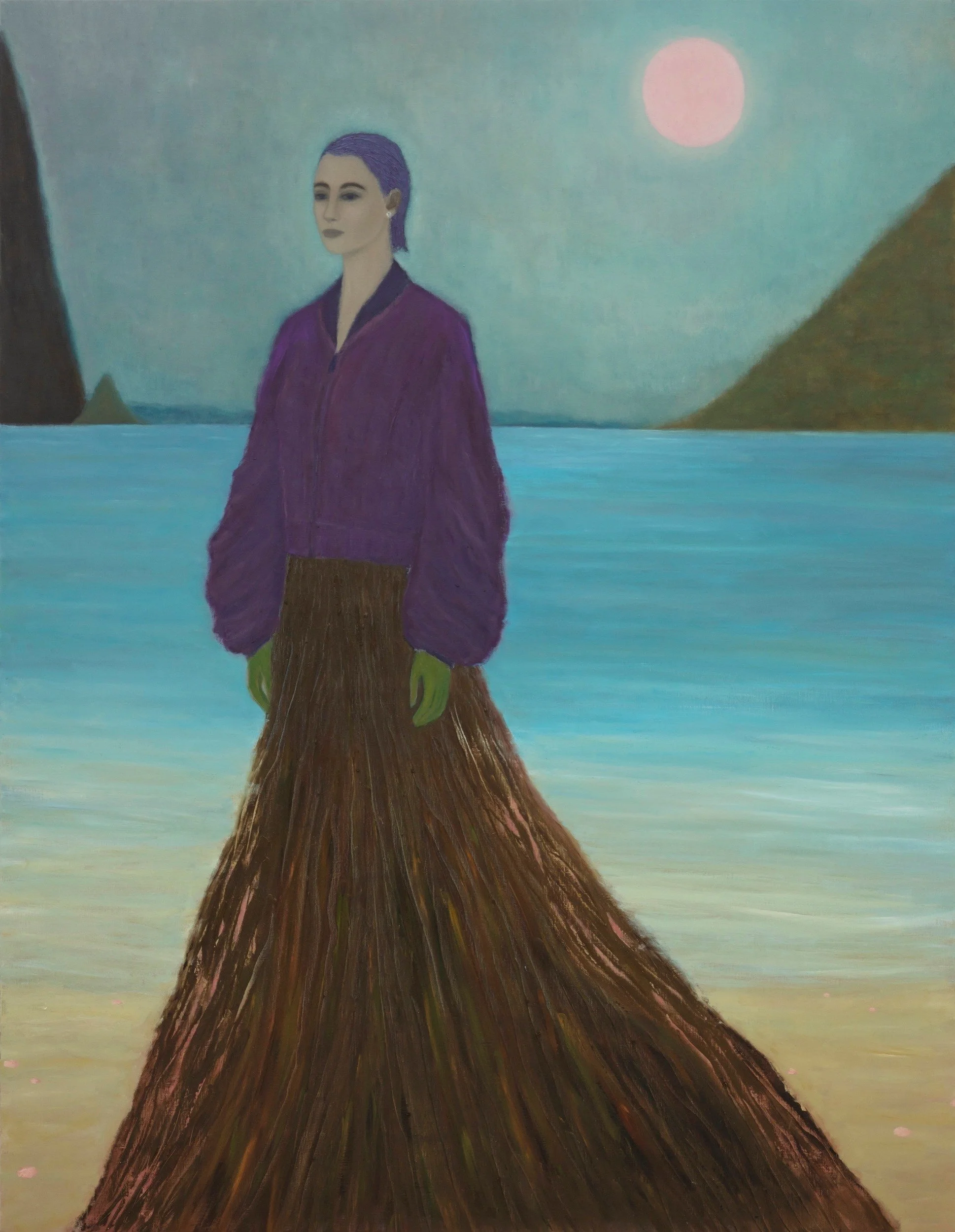 A solitary figure in a purple jacket, green gloves and long dark skirt stands beside luminous blue water beneath a pale pink sun.