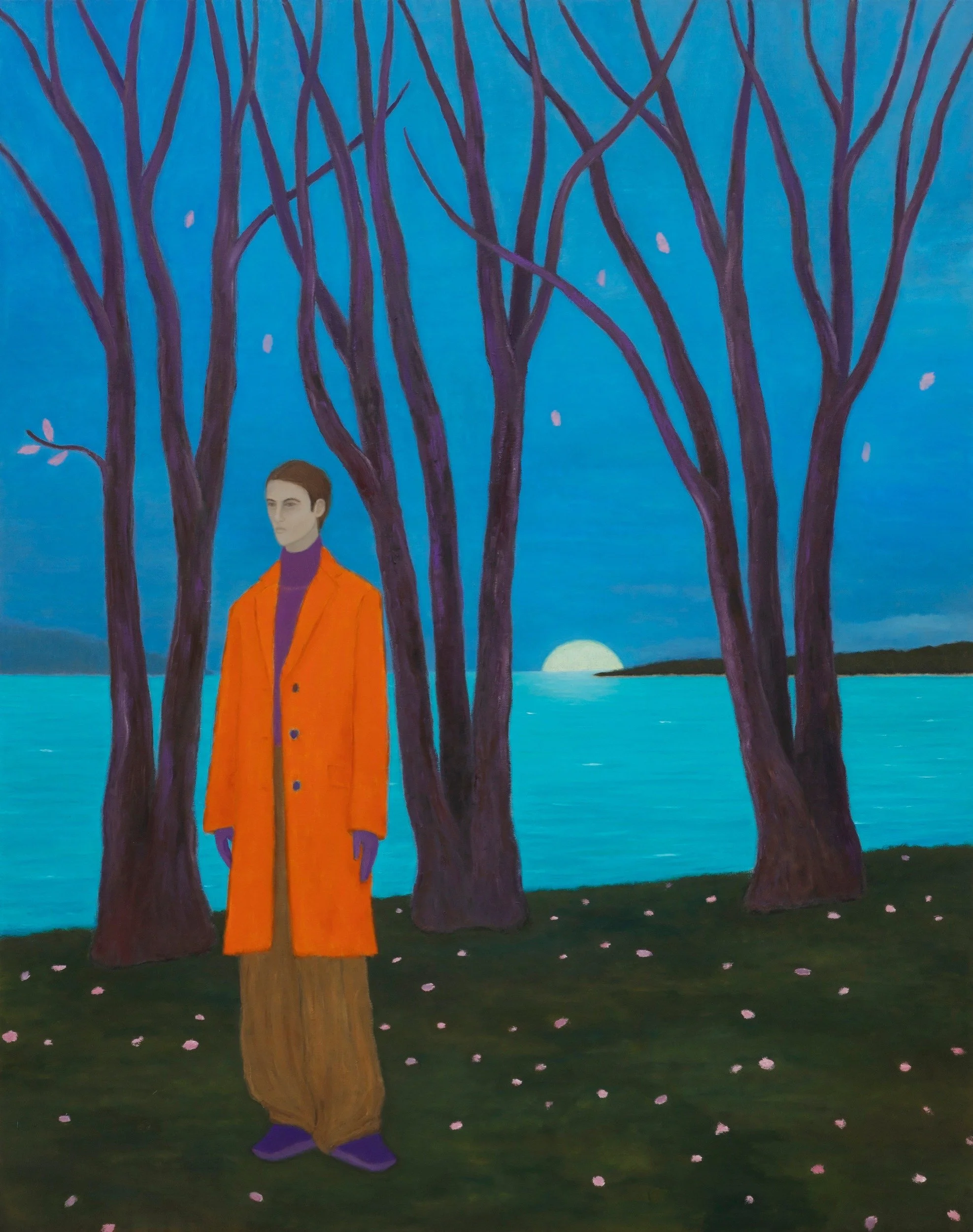 A solitary figure in a bright orange coat stands among dark trees beside turquoise water under a setting moon.