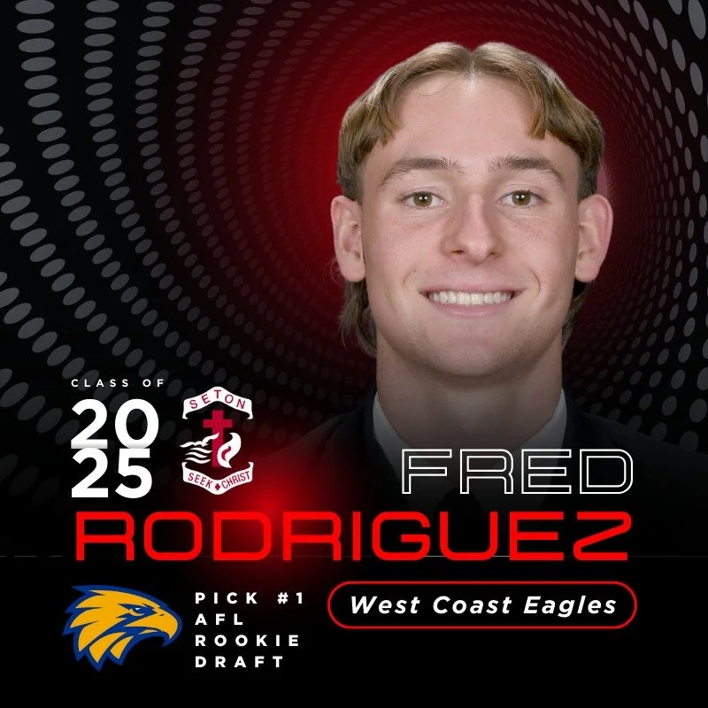 Huge congratulations to Fred Rodriguez (Class of 2025) on being selected as Pick #1 in the AFL Rookie Draft by the West Coast Eagles! 💛💙

A dual-footed midfielder known for his work rate, leadership and humility, Fred has proudly represented Seton 
