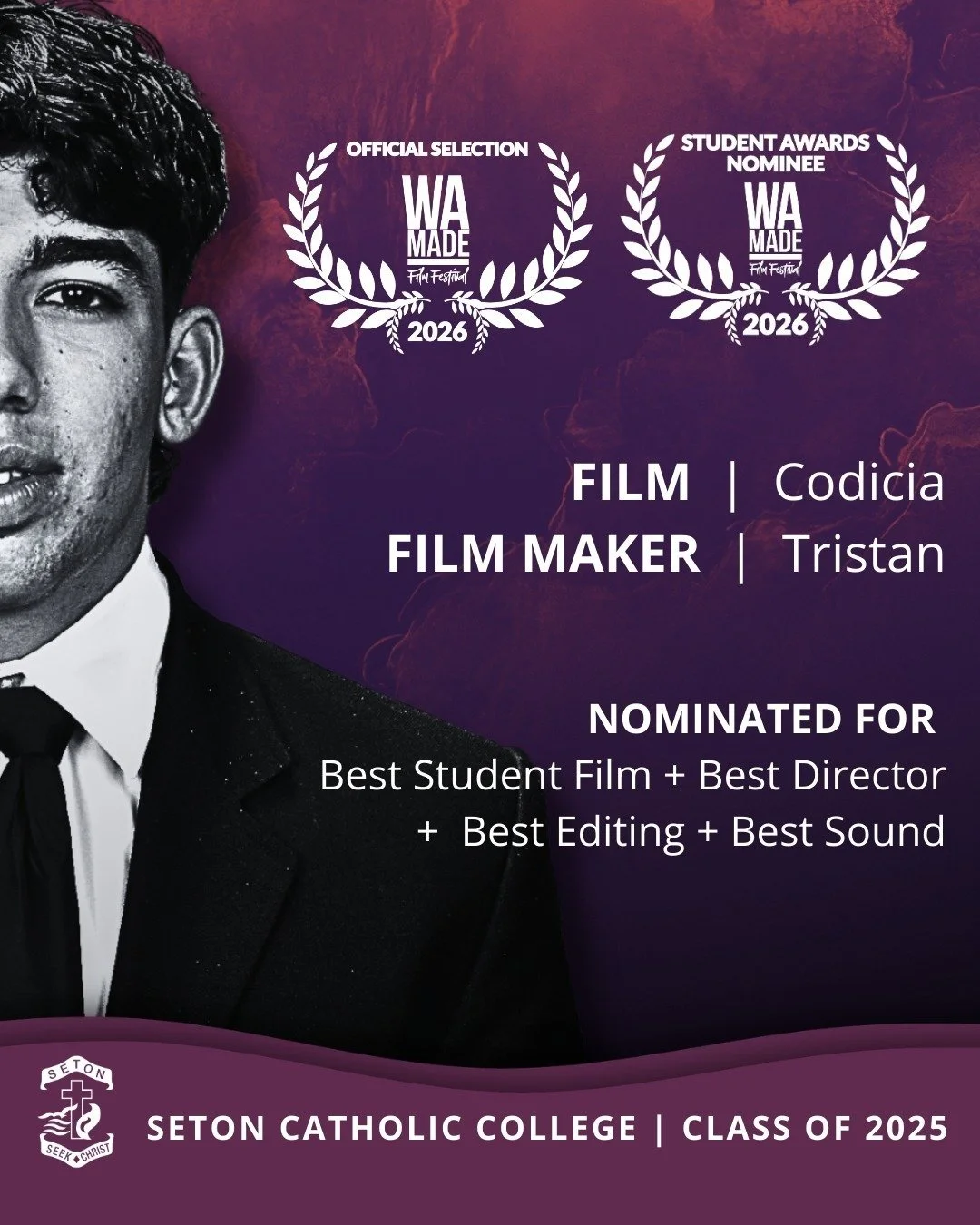 Well done to Tristan, whose film Codicia has earned multiple screening opportunities this year.

Tristan has been selected for the @wamadefilmfestival with his work featured as part of the Student Showcase. In addition, Codicia has also been selected