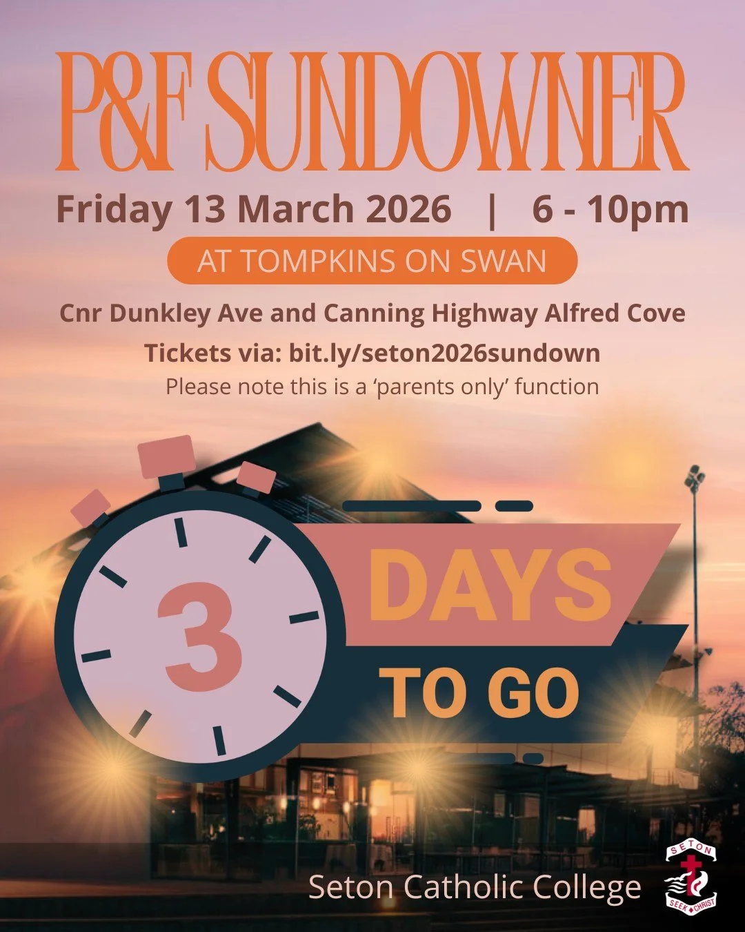 A beautiful evening forecast, great company and river views.

The P&amp;F Sundowner is this Friday at Tompkins. If you&rsquo;ve been thinking about coming along, it&rsquo;s a lovely chance to meet other families and enjoy a relaxed evening together. 