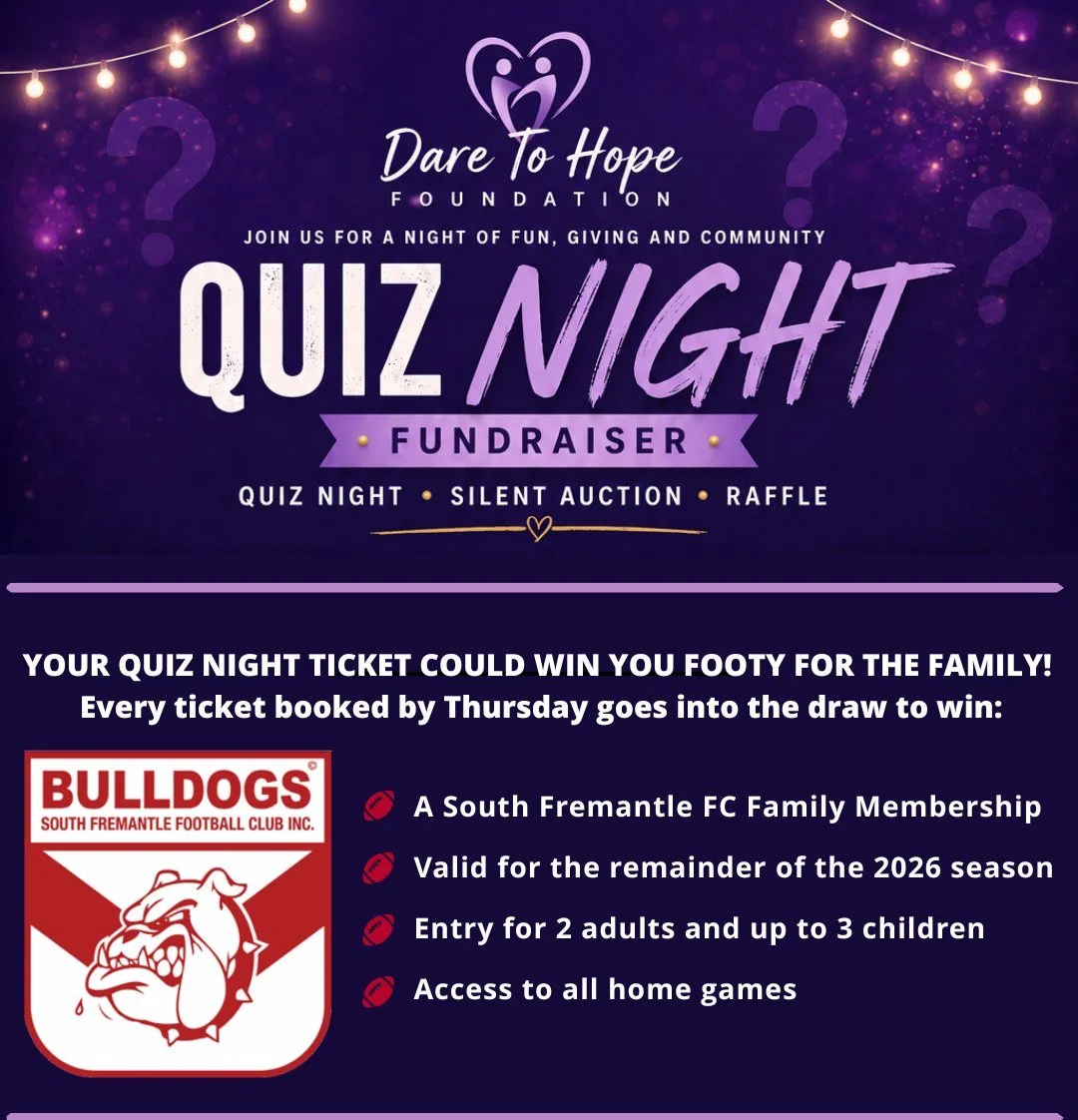 EARLY BIRD PRIZE ALERT!

Have you secured your tickets for the Dare to Hope Quiz Night yet?

To celebrate the incredible support already shown for this student-led fundraiser, every ticket booked by Thursday will go into the draw to win an amazing pr