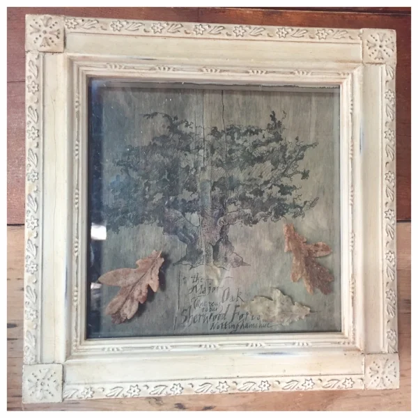 The Major Oak, ink on wood with authentic Major Oak leaves.