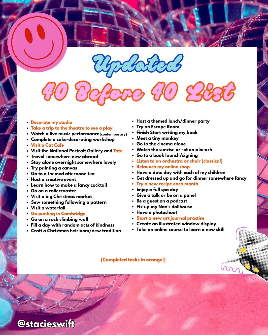 ✨40 Before 40 List ✨

Here&rsquo;s where I&rsquo;m up to with my small joyful activities before I turn 40 in January.

Still plenty of things to go and a few more in the pipeline &hellip; I&rsquo;ve tweaked this list along the way, too.

I&rsquo;ve g