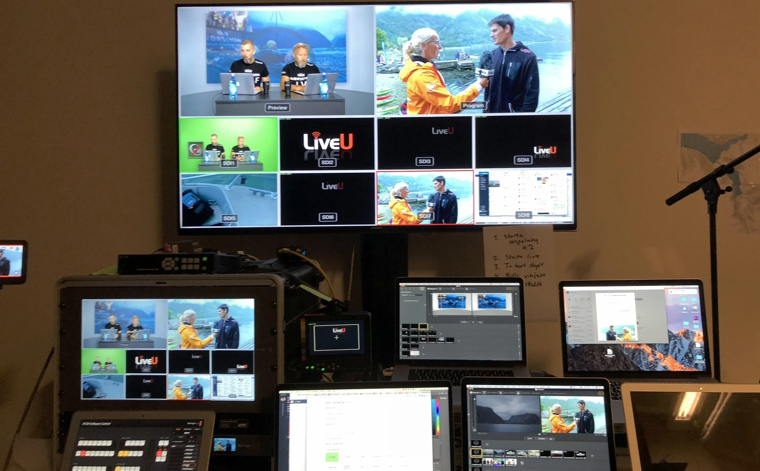 The setup in the field consisted of seven different sources. Two cameras riding on motorbikes, one mounted on a car, one drone, one with our reporter and two mobile phones used as stationary cameras. All the signals transmitted back to this control room in Stockholm using LiveU technology.