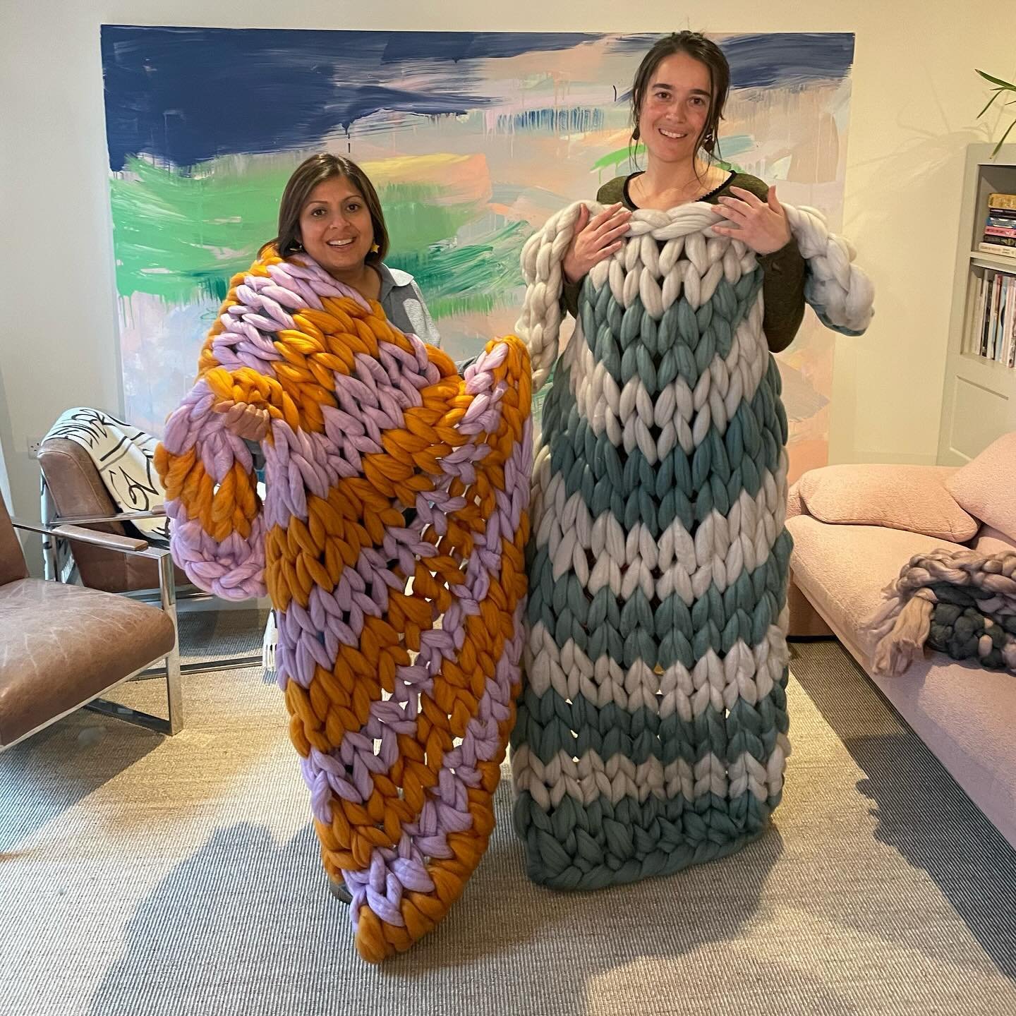 💜💛 Love these two colour striped ARM KNITTED blankets  created by Anita &amp; Laura @thetuckshophastings early in the year. 

Choose your favourite Colour-way in our one of our Workshops or Make at home from our Stripe blanket kits ! 

These blanke