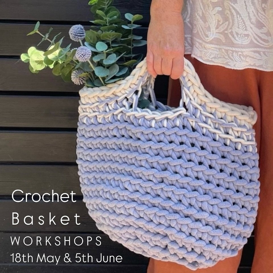 MAKE ME IM A WORKSHOP ! 

Our Crochet Storage Basket is not only beautiful but practical-perfect for storage or as a beach bag.

Crafted with chunky recycled cotton braid &amp; it possible to make in both medium &amp; mini sizes. 

We've also introdu