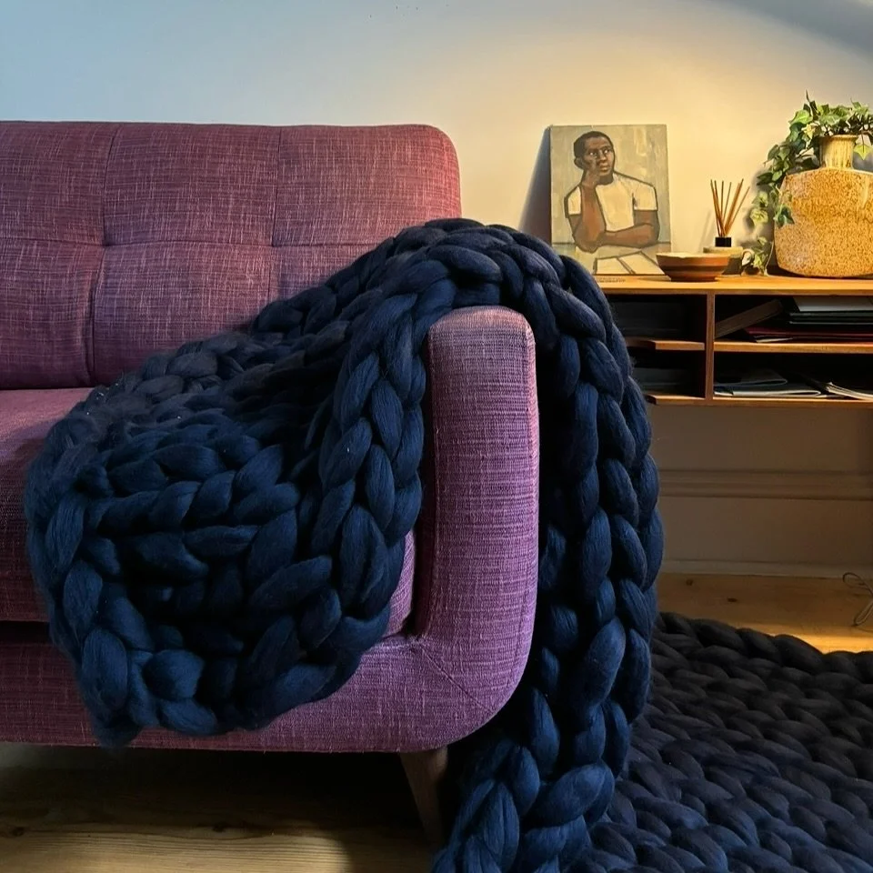 Cold evenings are perfect for snuggling under a blanket... 
Our ARM KNIT Workshops & Craft Kits come in a range of colours, including this gorgeous deep Midnight Blue!