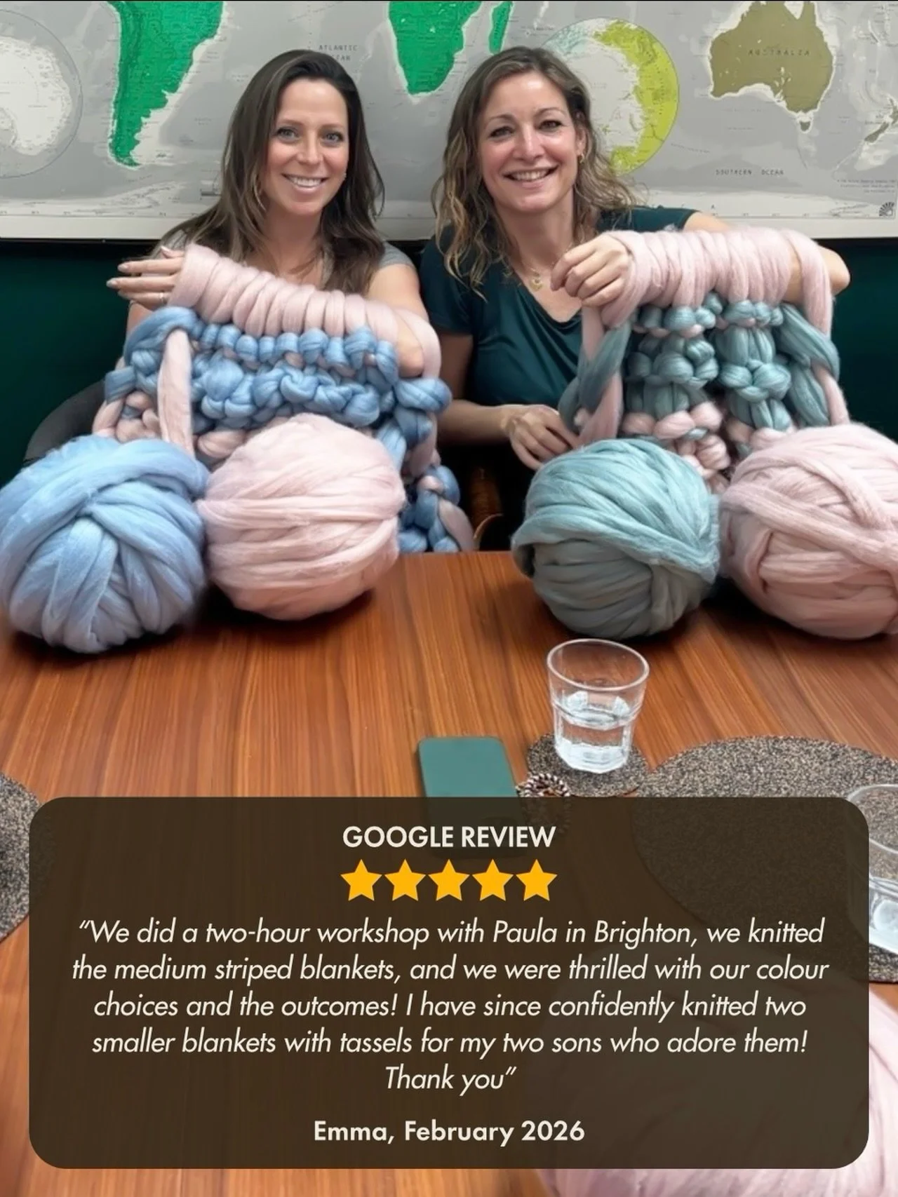 ⭐️ ⭐️ ⭐️ ⭐️ ⭐️
GOOGLE REVIEW

"We did a two-hour workshop with Paula in Brighton, we knitted the medium striped blankets, and we were thrilled with our colour choices and the outcomes! I have since confidently knitted two smaller blankets with t