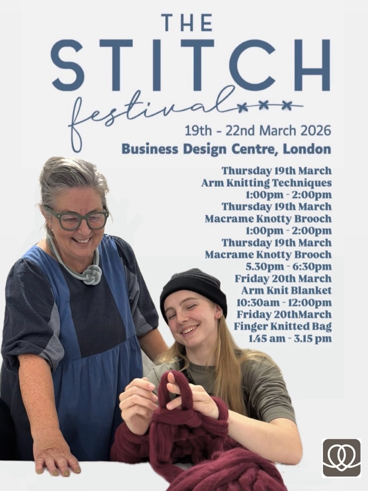 The STITCH FESTIVAL returns to @bdclondon from 19th - 22nd March 2026 &amp; we'd love to see you there!

I be hosting WORKSHOPS ONLY this year on 19th &amp; 20th. 

🧶Thursday 19th March
Arm Knitting Techniques
1:00pm - 2:00pm 
Macrame Knotty Brooch
