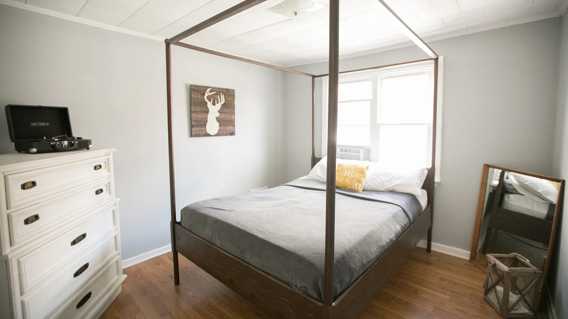 Dresser: Thrifted $50 | Bed: Craigslist $60 | Mirror: Thrifted $10 | Deer Art: Hobby Lobby $20