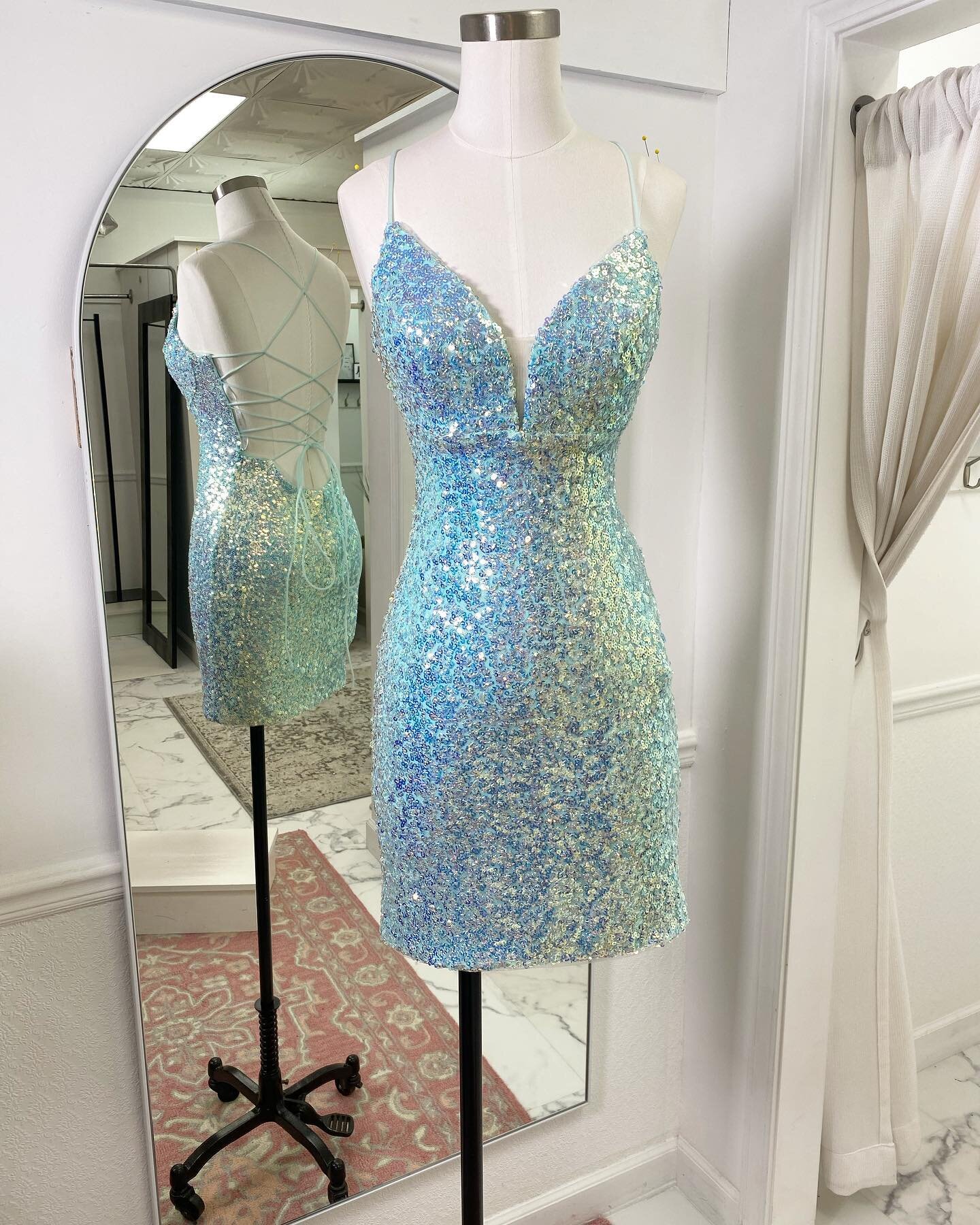 Our 2023 Homecoming collection already sprinkling in! For now we are keeping it in back- but you can always book in advance or Ask a consultant if you&rsquo;d like to see our short formal dresses! 
.
.
.
#jovanifashions #mintgreendresses #sparklyshor