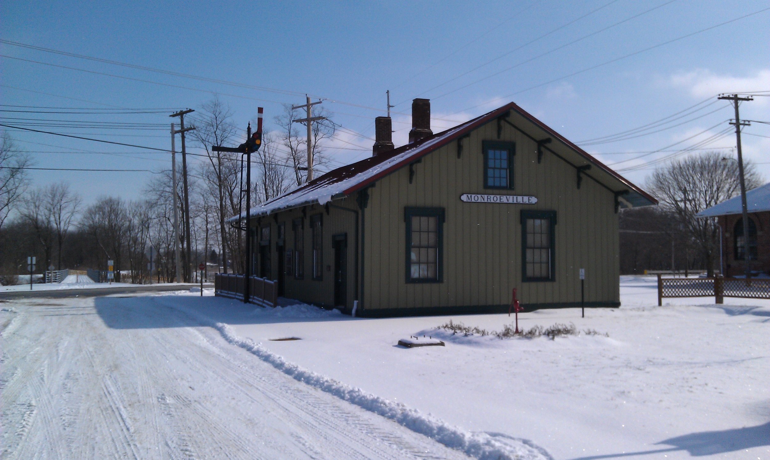 Monroeville Depot in Huron County in winter