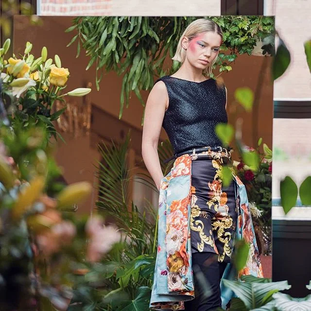 Some very bright florals for winter. -maison shoot with our archive pieces-
@asajerl is wearing a pair of silk satin layered trousers with attached skirt.

By @sb.events__architecture
Mua by @scandilouse 
Collections: Fleurs du Mal and Instinct/Extin