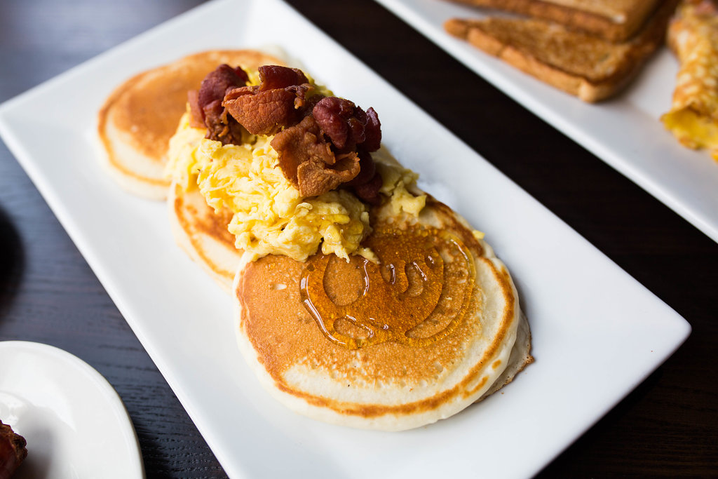 Pancakes with eggs and bacon