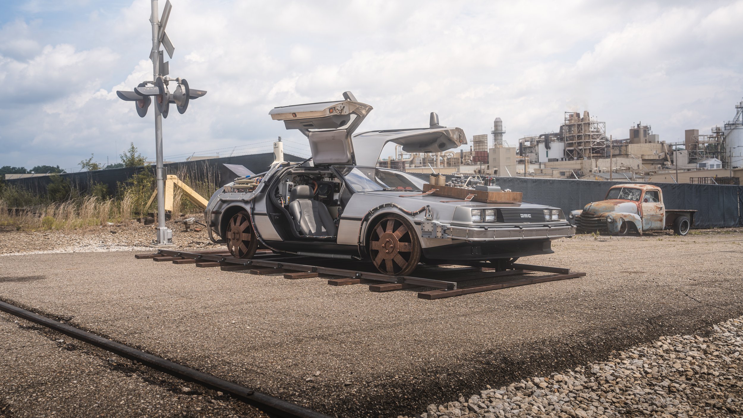 Ohio Time Machine Rental DeLorean in Rail Mode on replica railroad track