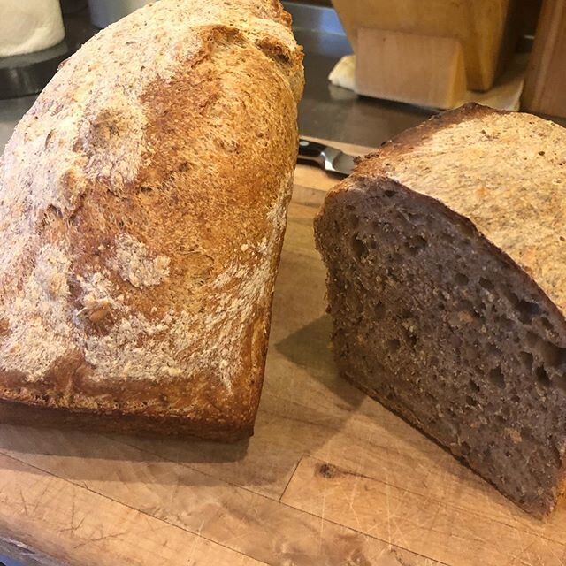Seeded sour dough in a tin ( for a change). Nice crumb ( v slow rise?). Good crust but lacks dentist friendly bite of Tartine Dutch oven method. Fab with (thick)  butter