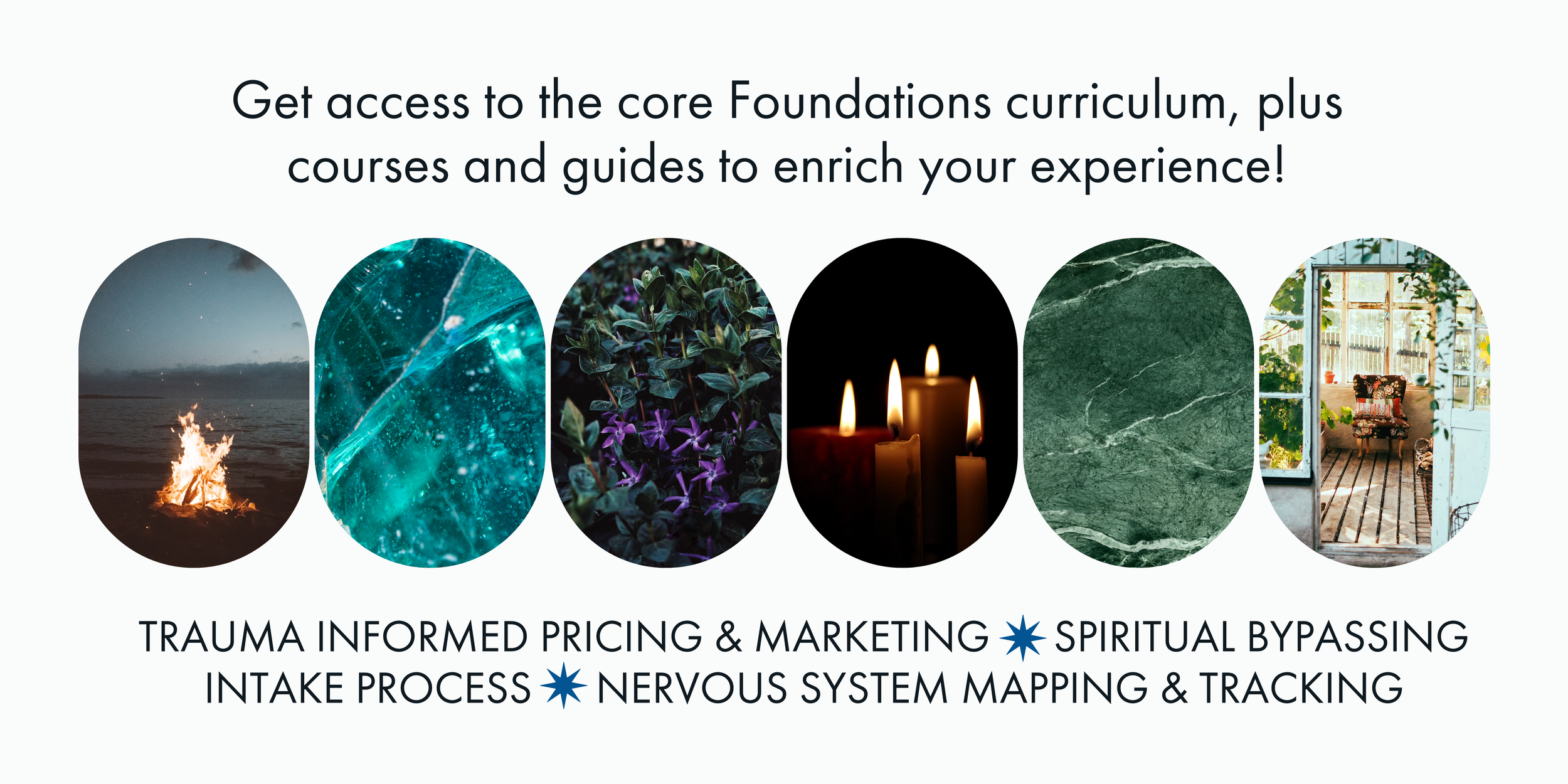 Six circular images representing trauma-informed training modules including pricing, marketing, spiritual bypassing, intake process, and nervous system mapping