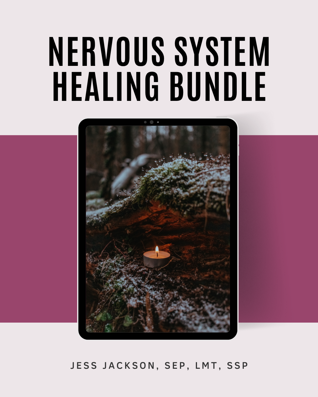 Virtual Bundle titled 'Nervous System Healing Bundle' by Jess Jackson, SEP, LMT, SSP, showing a candle on a forest floor with snow, moss, and trees in the background.