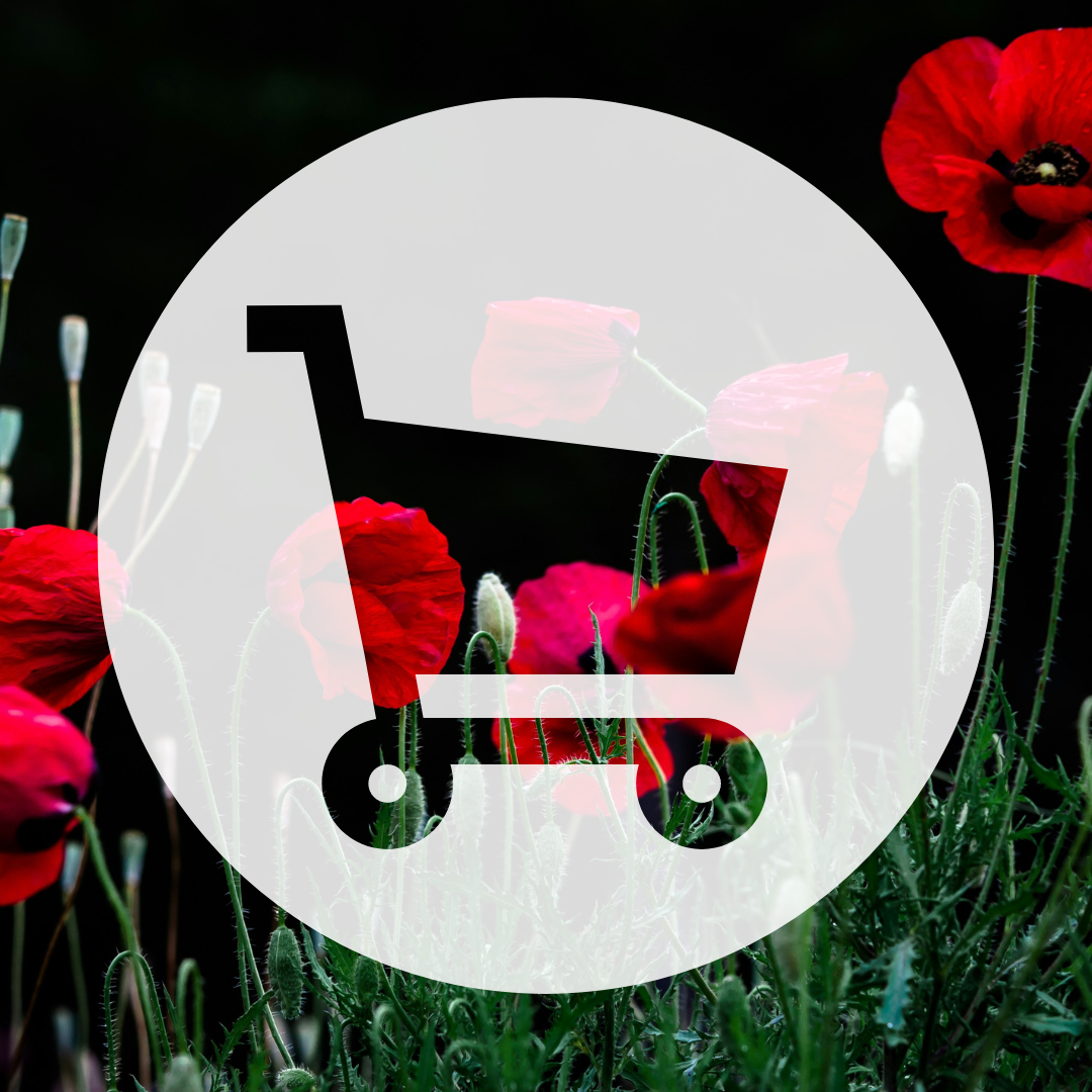 Black background with red poppy flowers and greenery, overlaid by a semi-transparent white icon of a shopping cart.