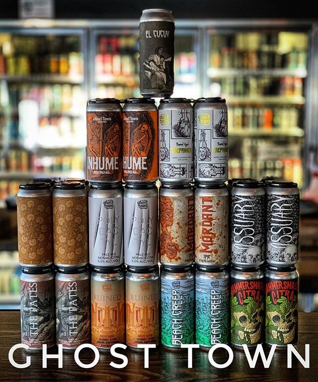 Heyoooo, @ghosttownbrewing Re-up came in today! We have quite the lineup over here. Top: El Cucuy Imperial Stout with cocao nibs, cinnamon, ancho chile &amp; Mexican vanilla. Row 2: Inhume IPA and Barrel-aged Trepanner Barleywine. Row 3: Bottom Feede