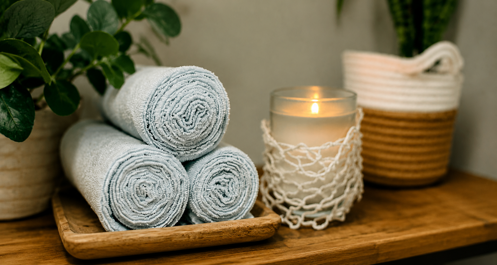 A calming display of fresh spa towels, candlelight, and natural décor in Kim Michele Skin Care's private esthetician studio in Las Cruces, New Mexico.