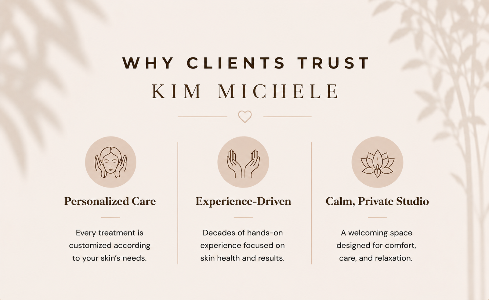Why clients trust Kim Michele Skin Care in Las Cruces, New Mexico: personalized facial treatments, over two decades of esthetics experience, and a calm private studio focused on healthy, radiant skin.