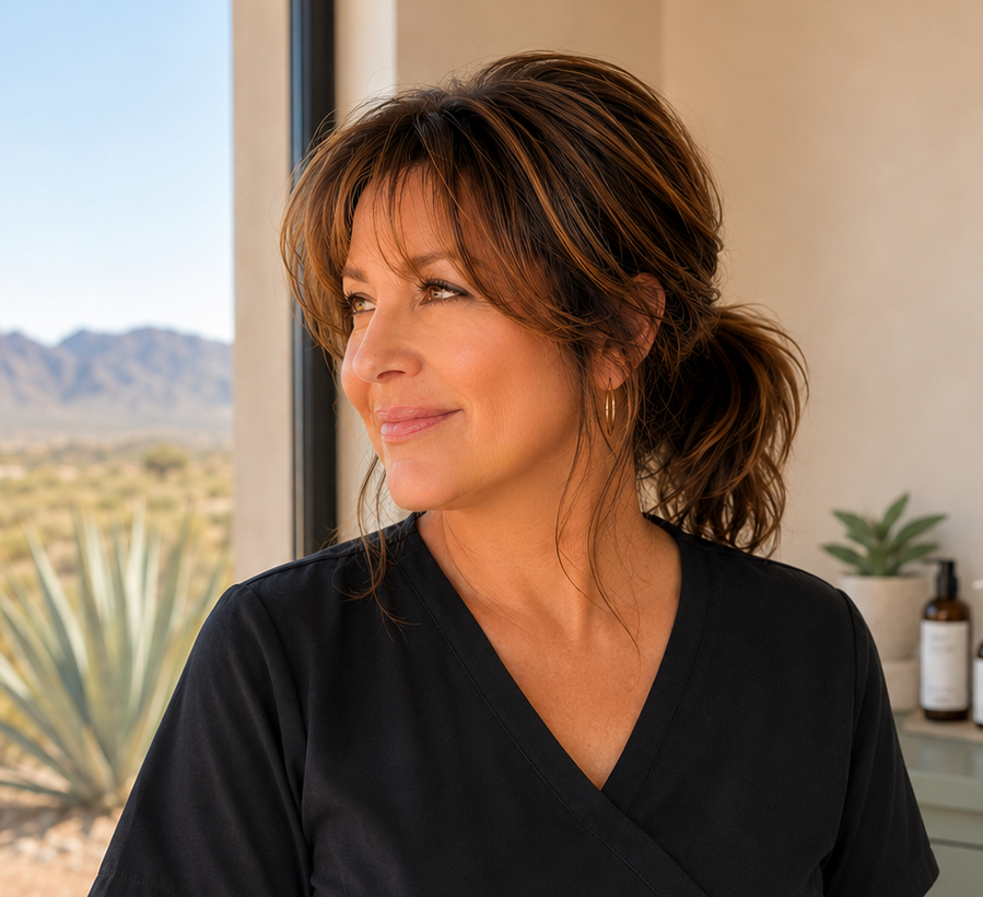 Portrait of licensed esthetician Kim Michele, founder of Kim Michele Skin Care, specializing in personalized anti-aging facial treatments in Las Cruces, New Mexico.