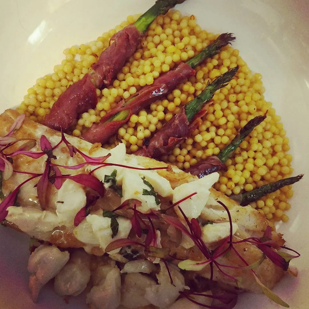 rock fish saffron prosciutto asparagus