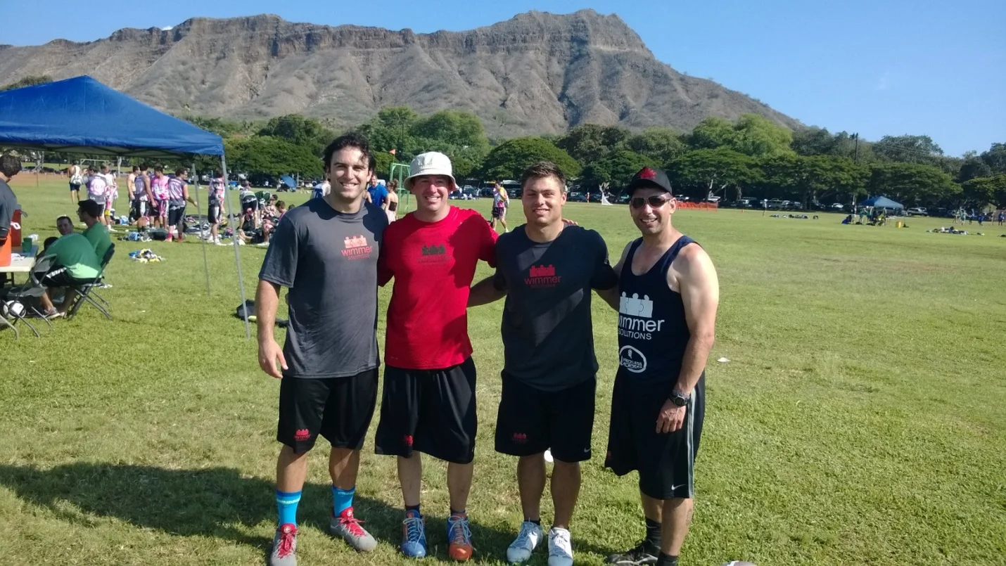 Max Seibald, Matt Sauri, Rob Pannell and Kevin Mincio laxing for a cause with the Wimmer Solutions crew