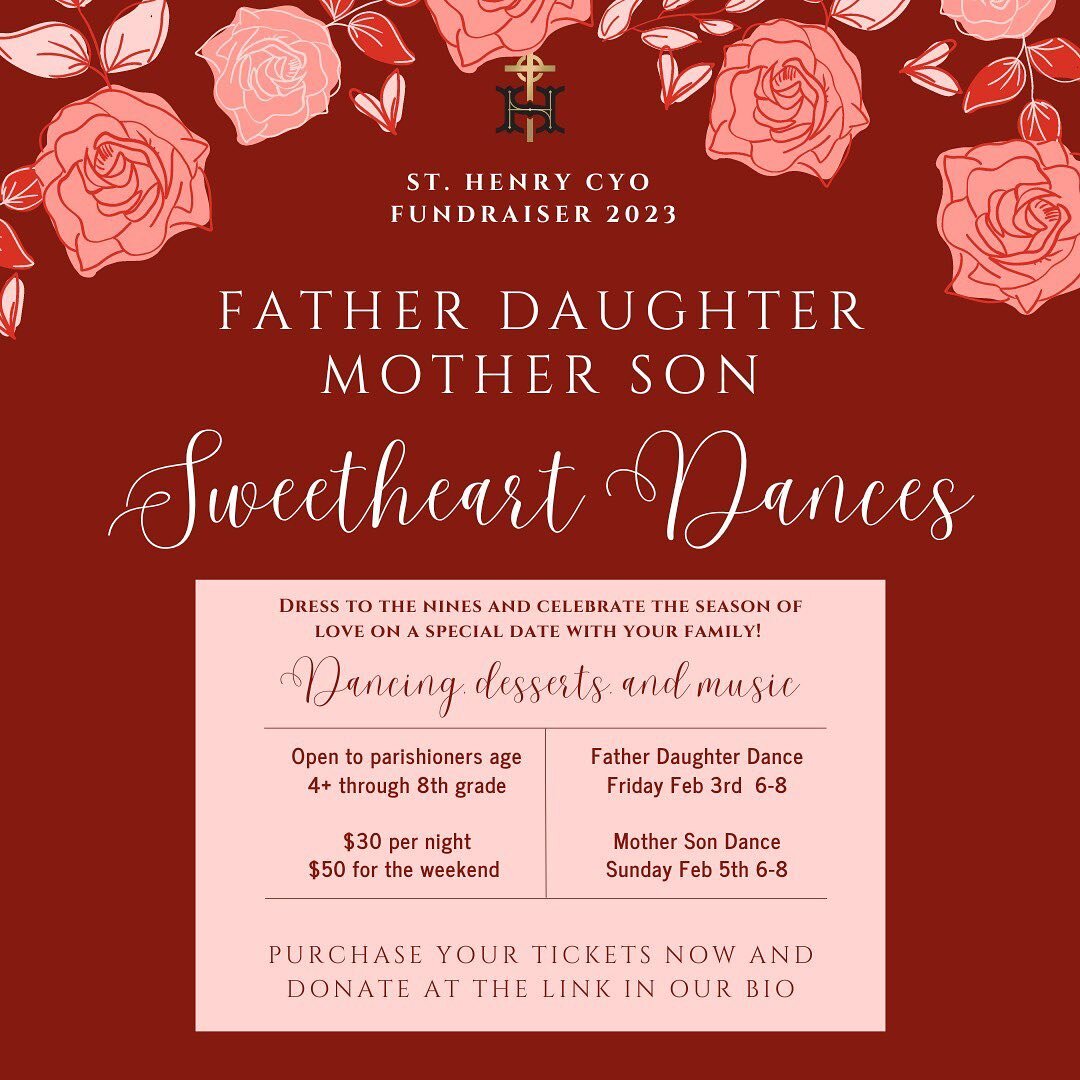 Counting down the days until the Sweetheart Dances. ❤️💃🏽 The dances are to fundraise for St. Henry youth programs. 

We need high school volunteers for chaperoning as well as doing ticket sales at the door/in advance. 

If you sell 5 tickets and vo