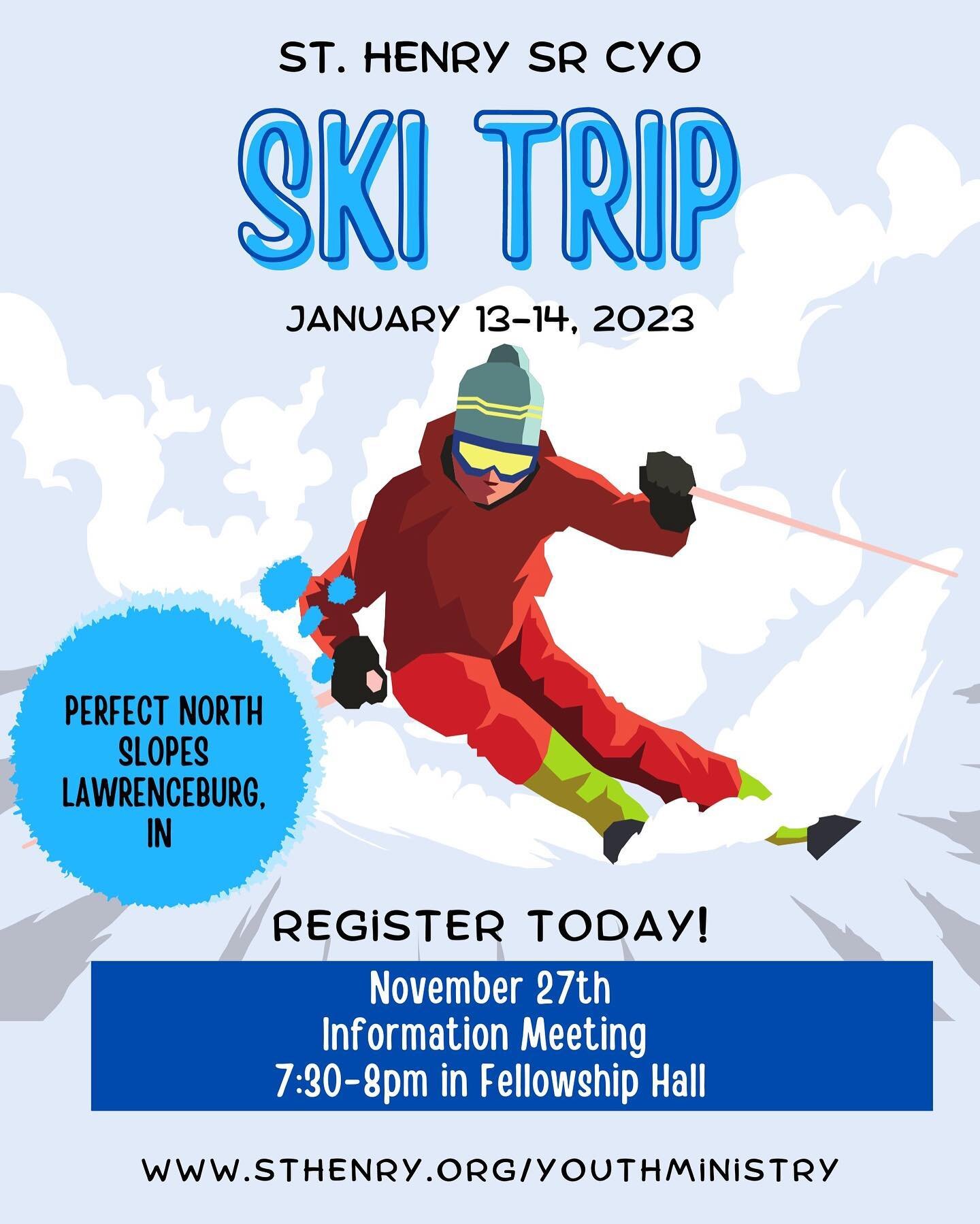 The time has come to sign up for the Sr CYO Ski Trip!!! Spots are limited so head to the link in our bio to sign up! We will have an informational meeting at 7:30 November 27th in the Fellowship Hall! Ski you there😉⛷️🎿