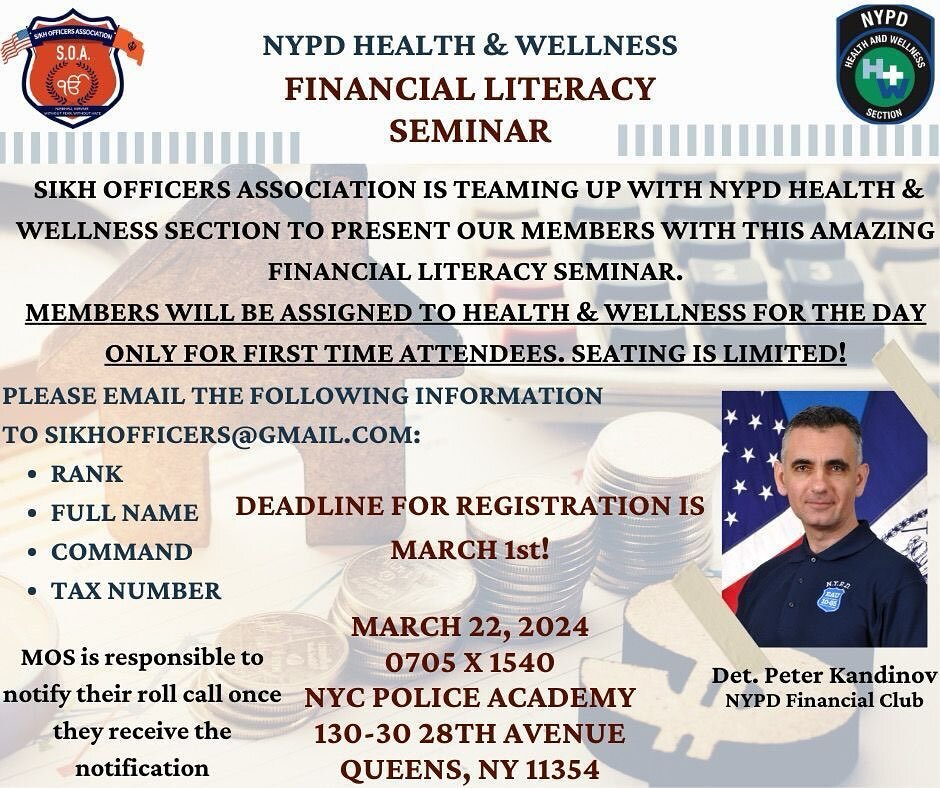 NYPD Health and Wellness Financial Literacy Seminar being held on March 22nd, 2024. Email us now, Seats are Limited @nypdhealthandwellness